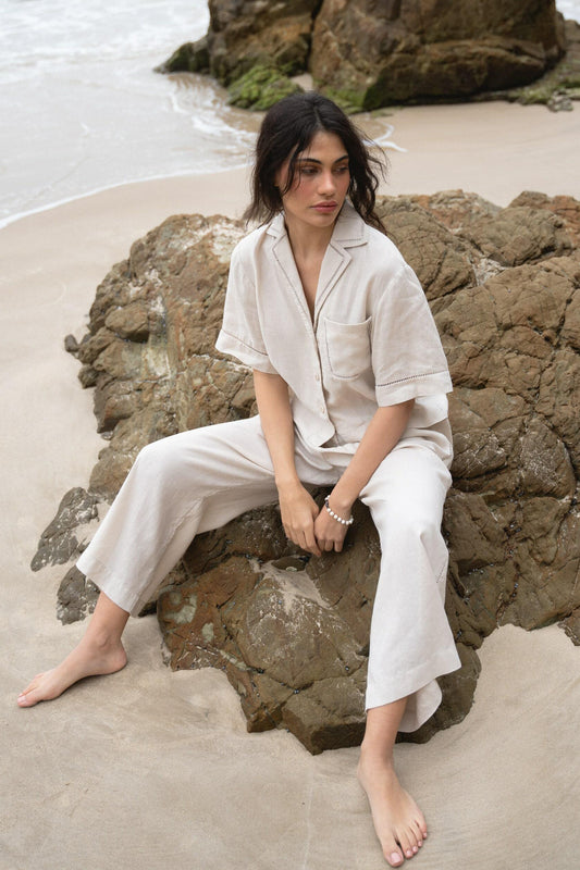 LILLY PILLY Quinn linen shirt top in Chalk