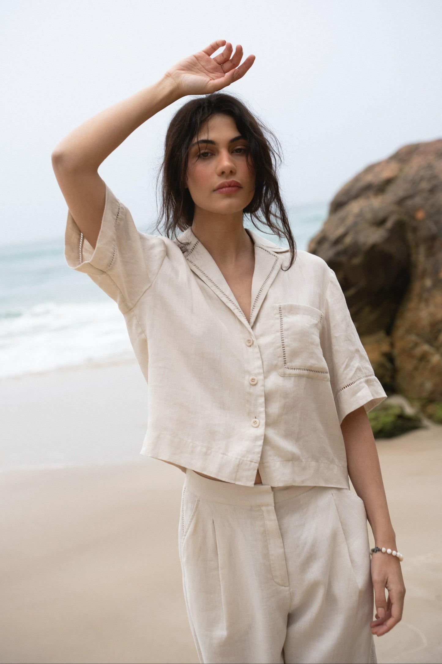 LILLY PILLY Quinn linen shirt top in Chalk