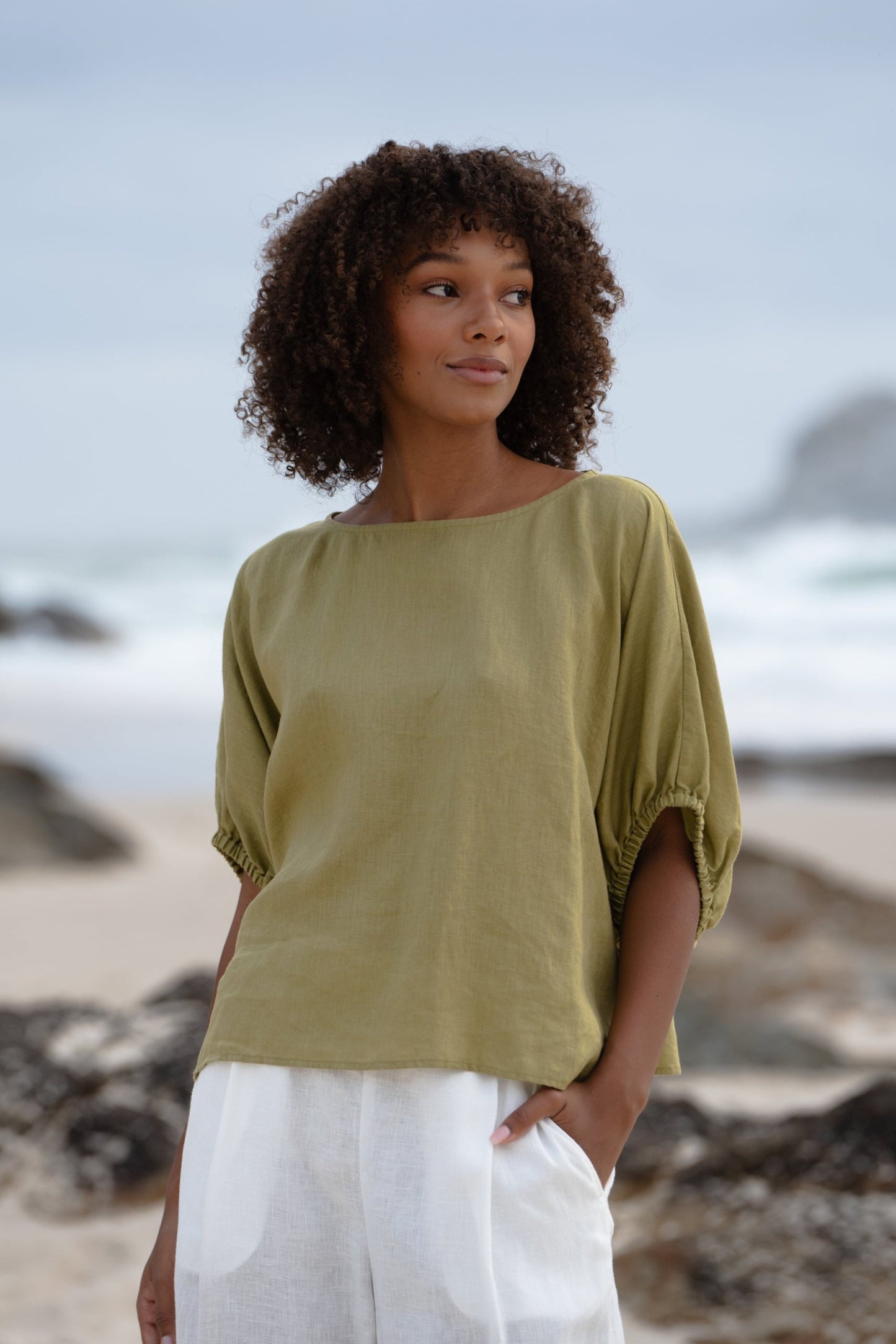 LILLY PILLY Tina linen top in Olive