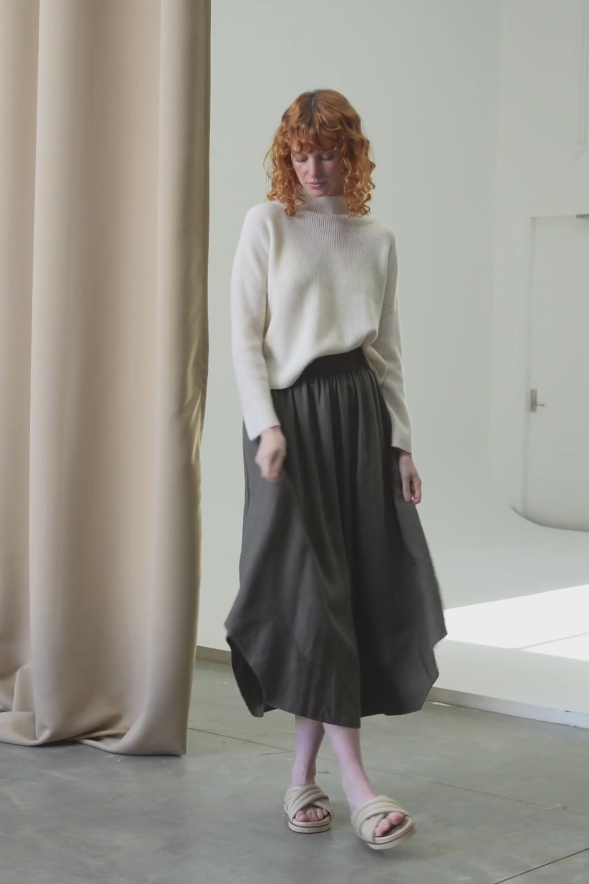 LILLY PILLY Hannah linen skirt in Khaki and Lumi knit in Ivory