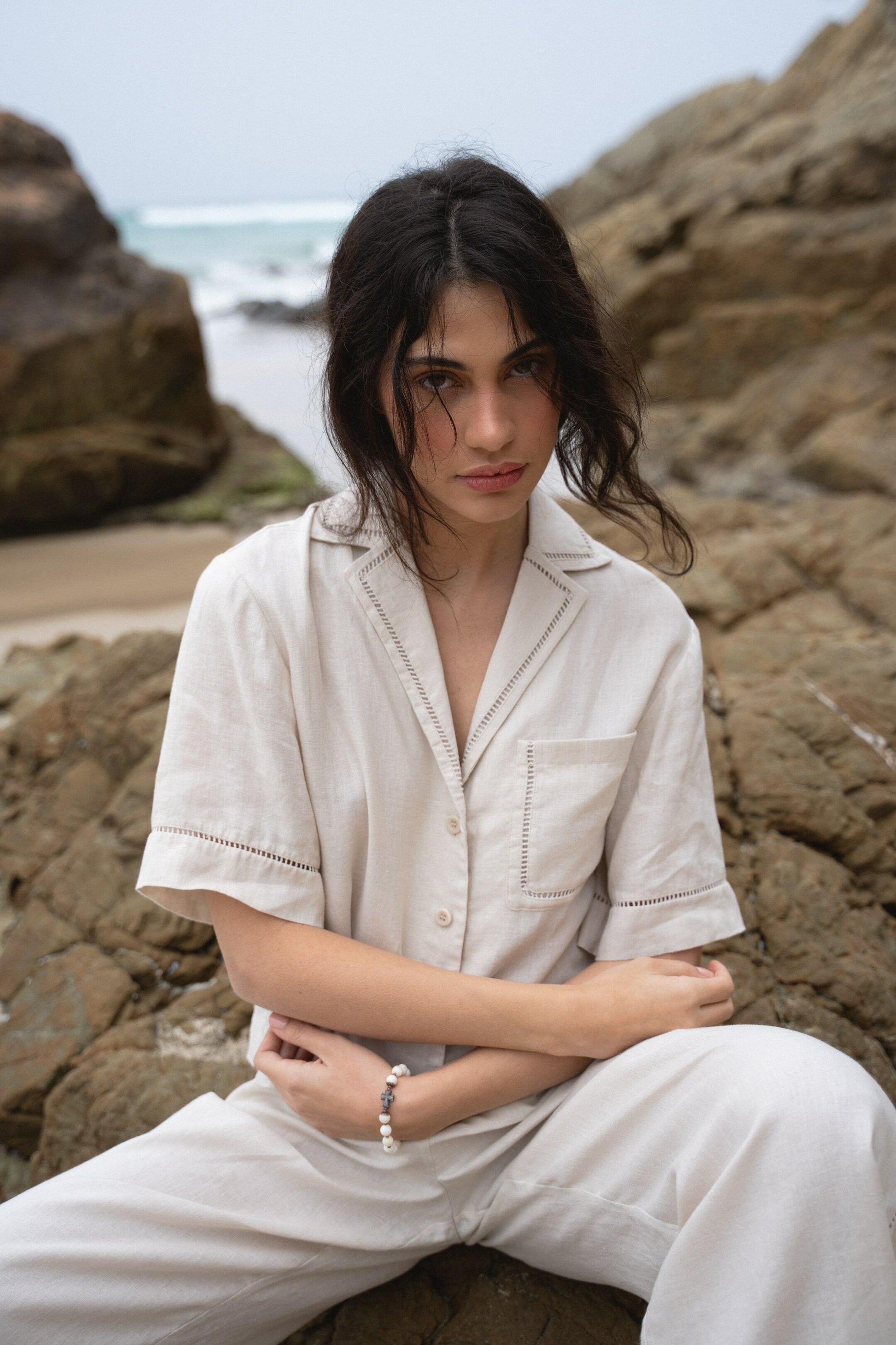 LILLY PILLY Quinn linen shirt top in Chalk 