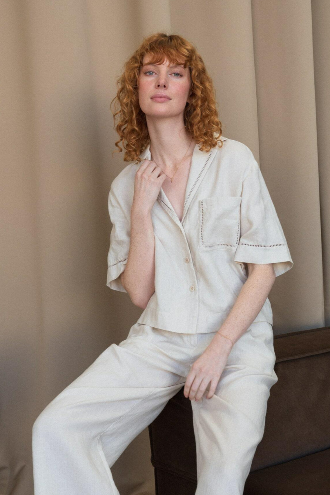 LILLY PILLY Quinn linen shirt top in Chalk 