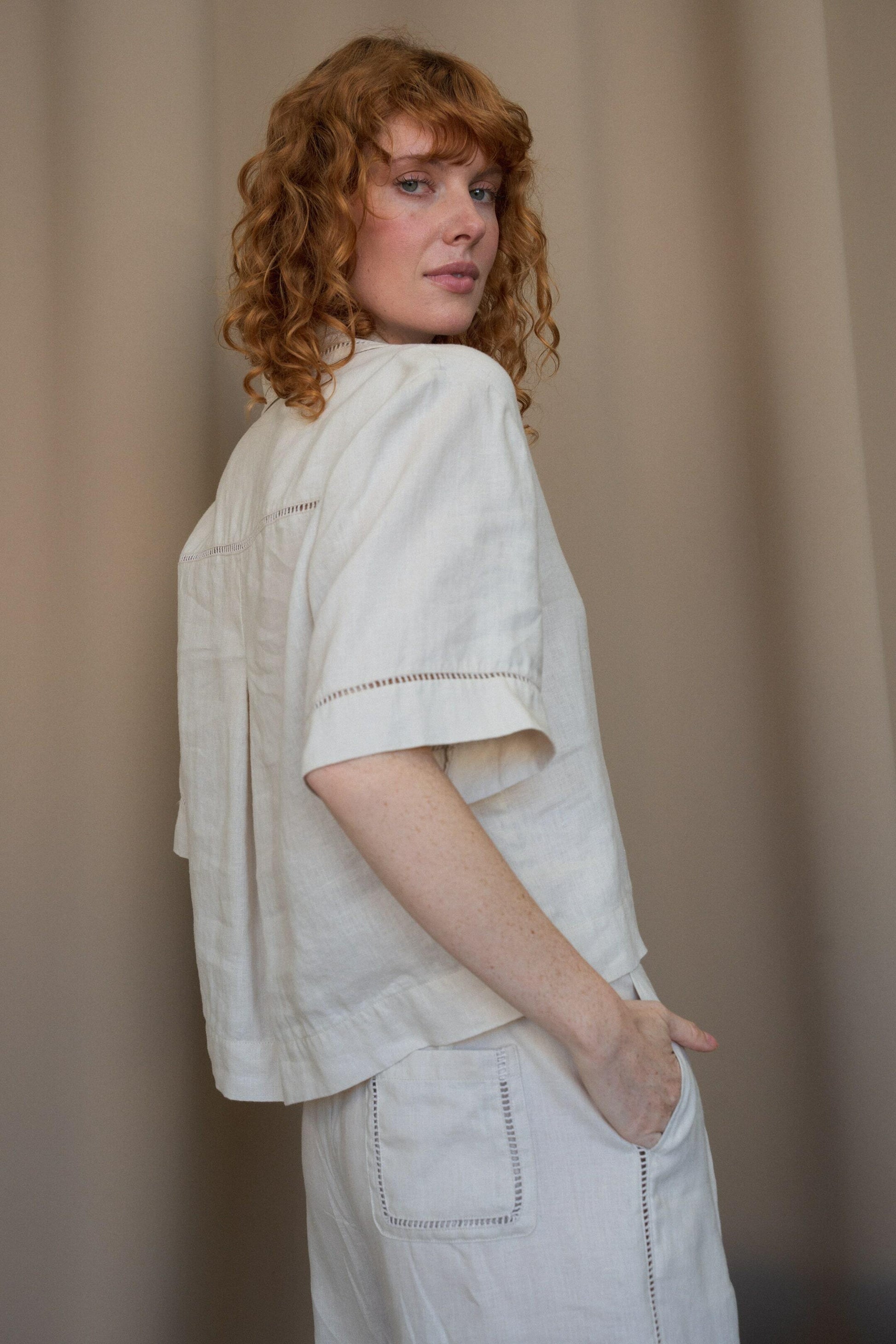 LILLY PILLY Quinn linen shirt top in Chalk 