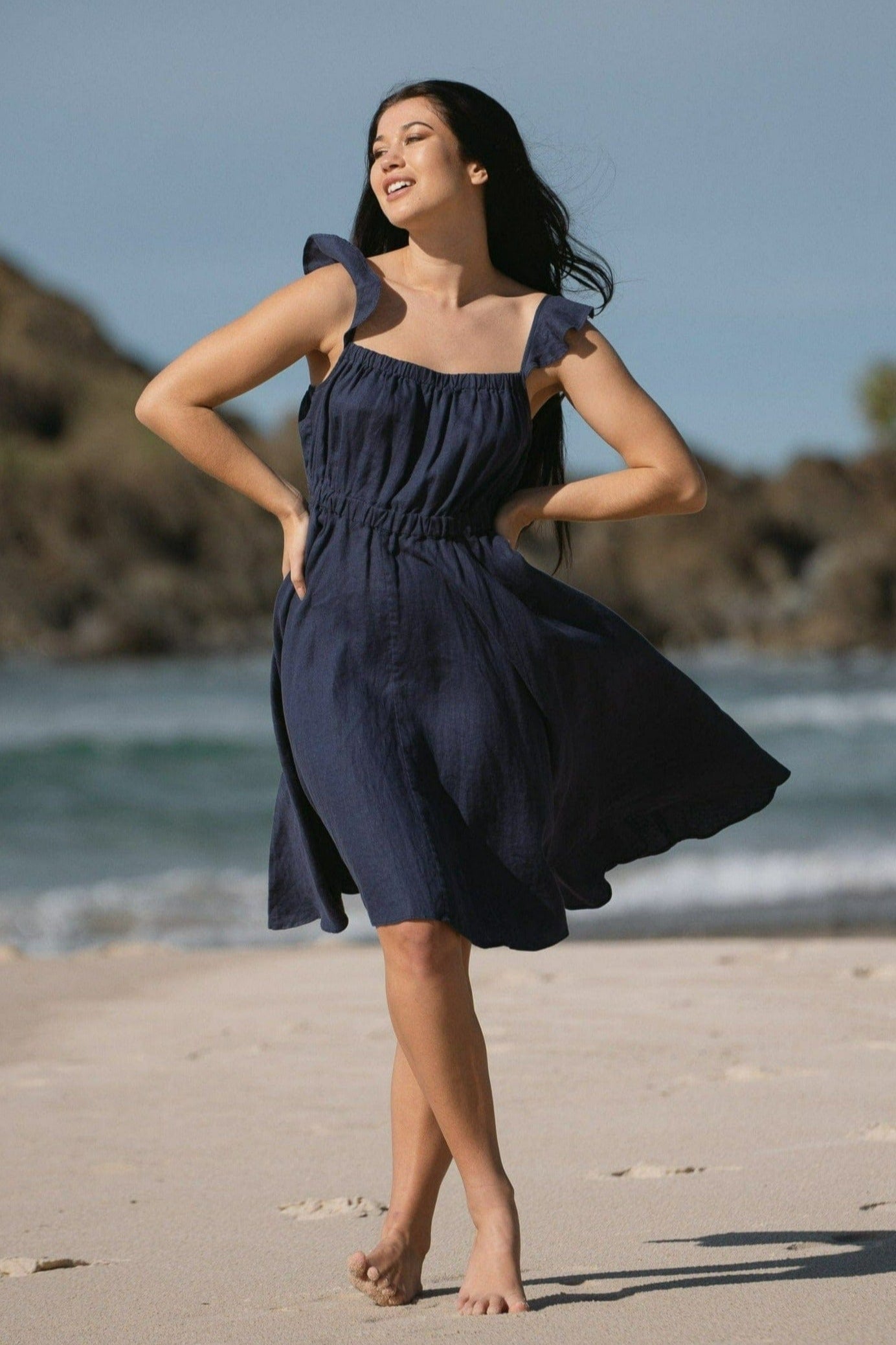 Lilly Pilly Collection 100% organic linen Mia Dress in  Denim Blue