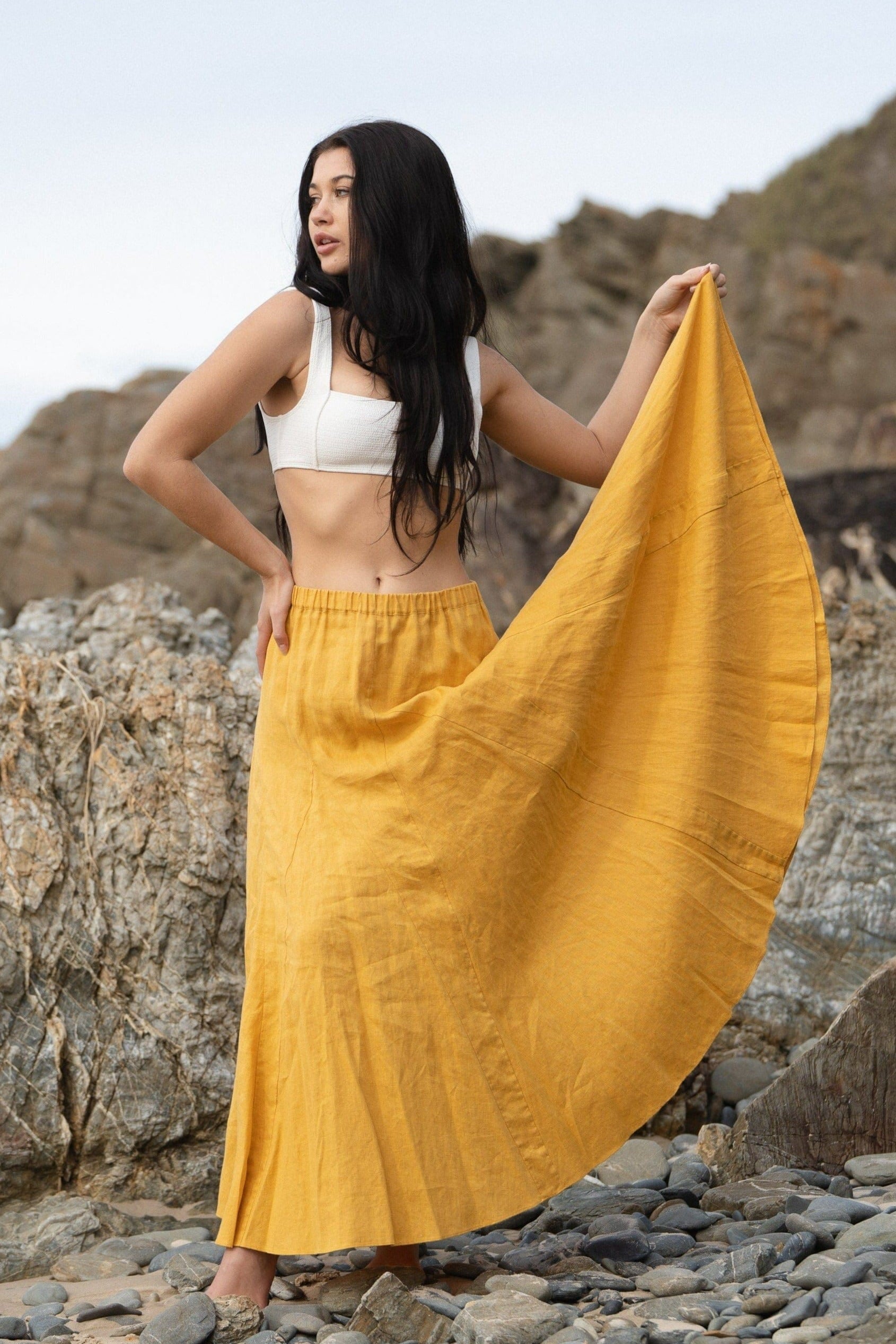Lilly Pilly Collection 100% organic linen Stella Skirt in Sunflower