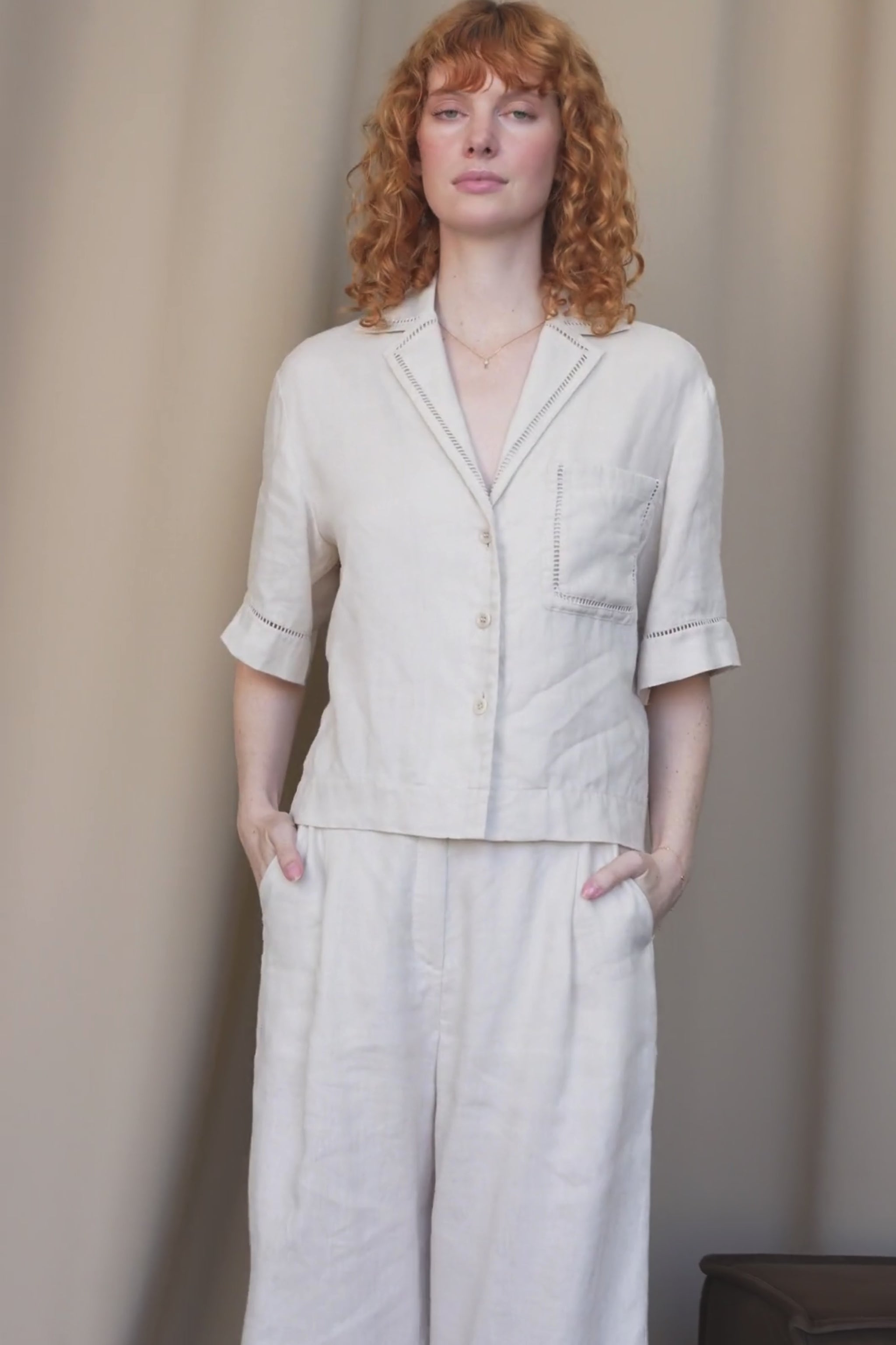 LILLY PILLY Quinn linen shirt top in Chalk 