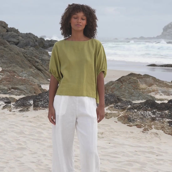 LILLY PILLY Tina linen top in Olive paired with Ivy pants in ivory