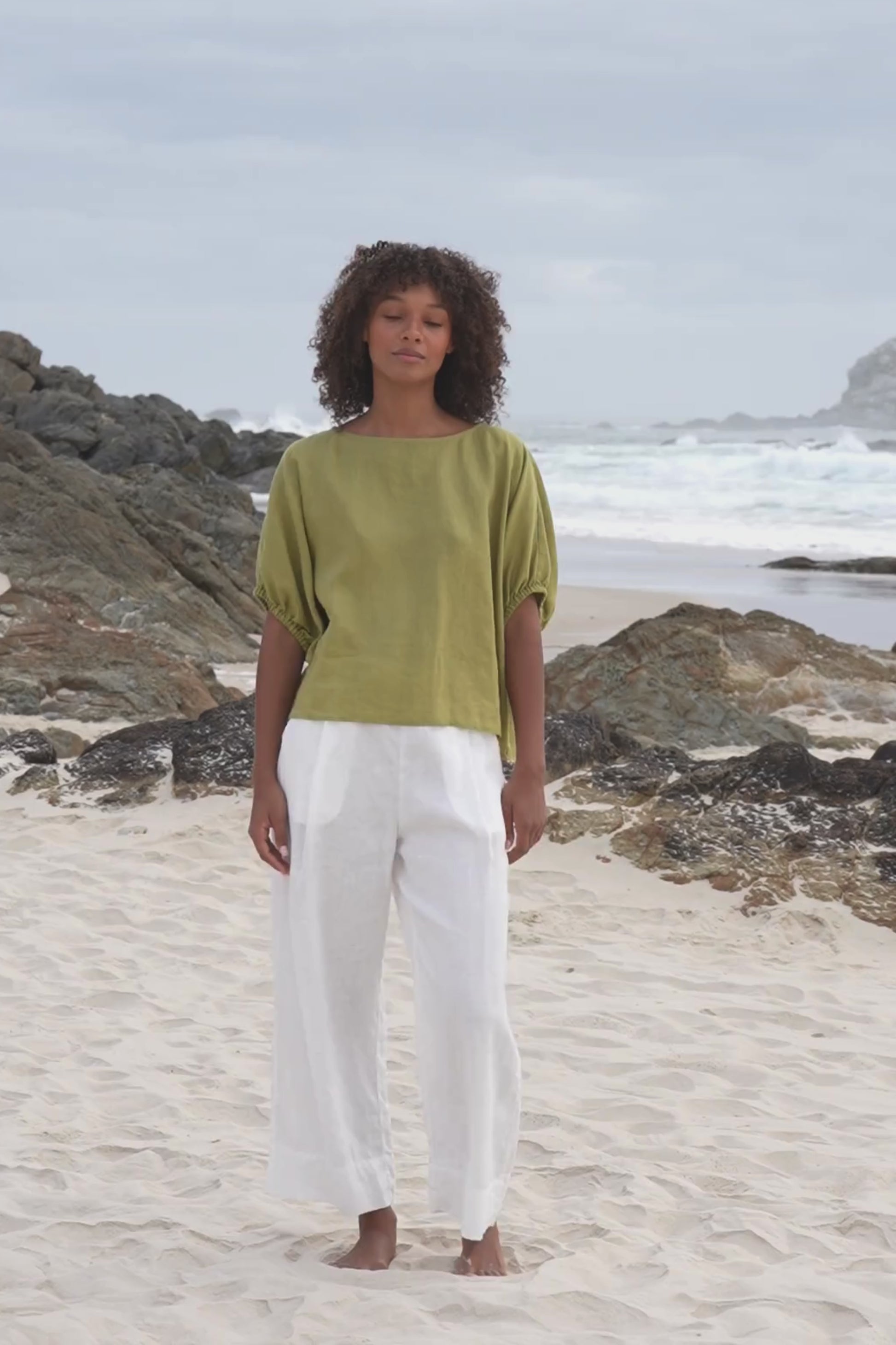 LILLY PILLY Tina linen top in Olive paired with Ivy pants in ivory